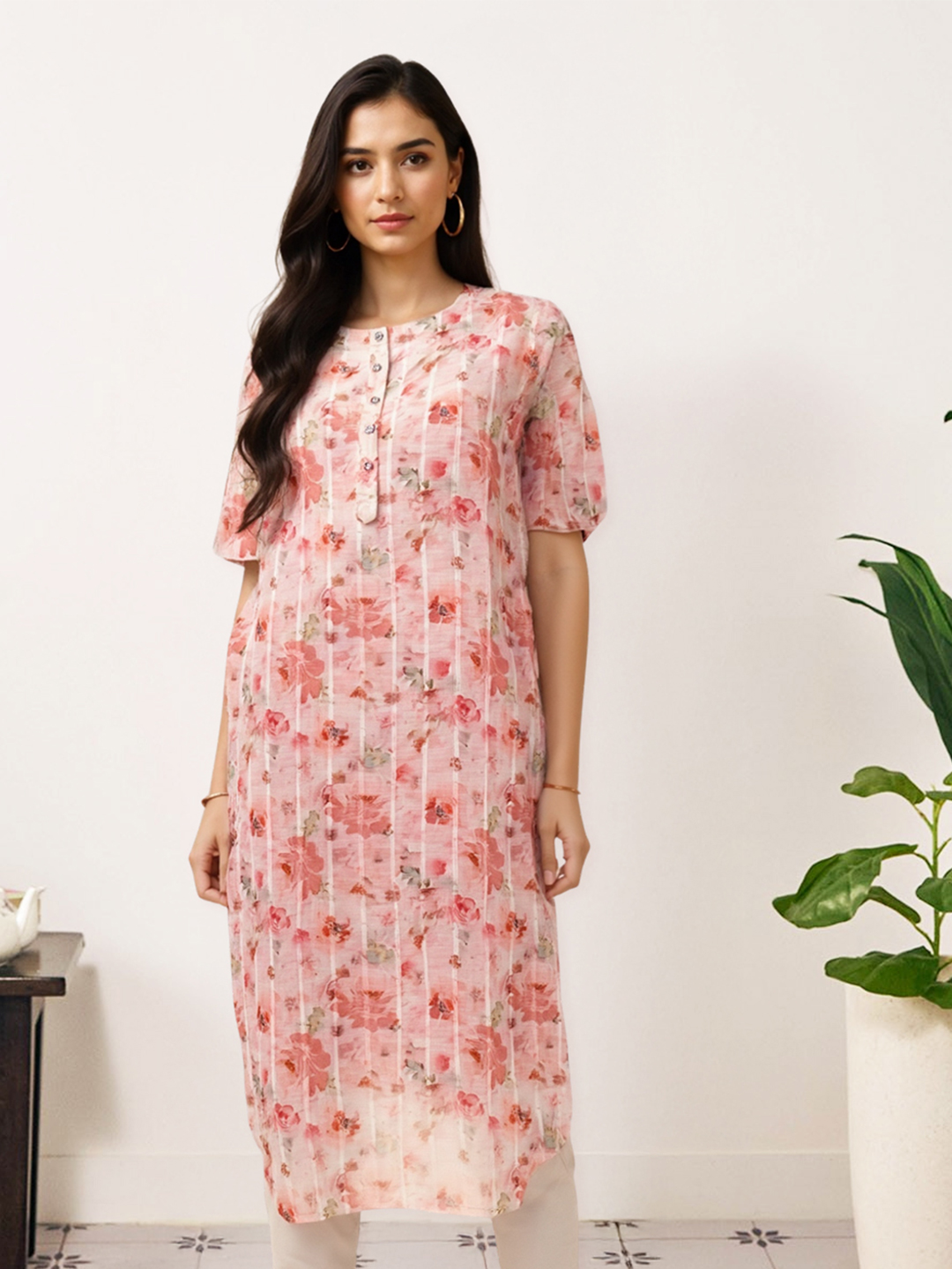 Picture of Petals Floral Print High Round Neck Kurta
